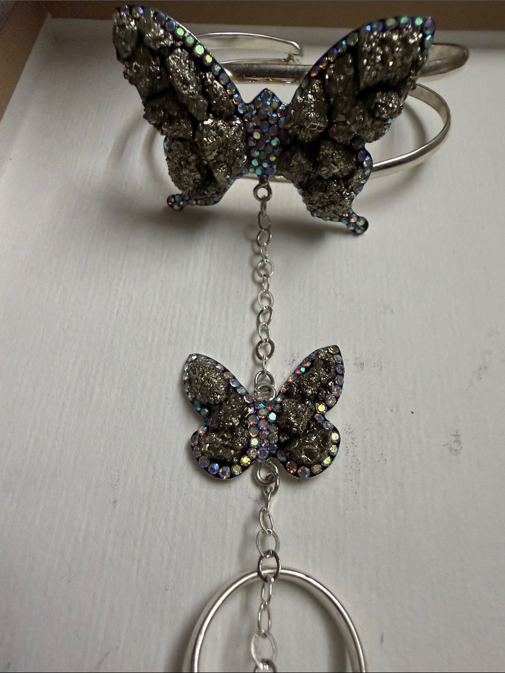 Silver-Tone Butterfly Hand Chain with Iridescent Crystal Accents - Silver